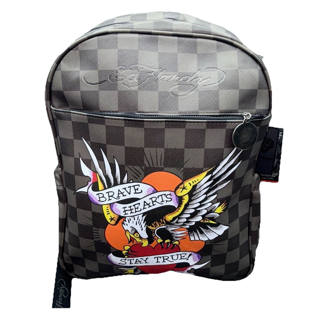 Ed Hardy Backpack Checkered Brown‎ Brave Hearts Stay True  Leather NWT